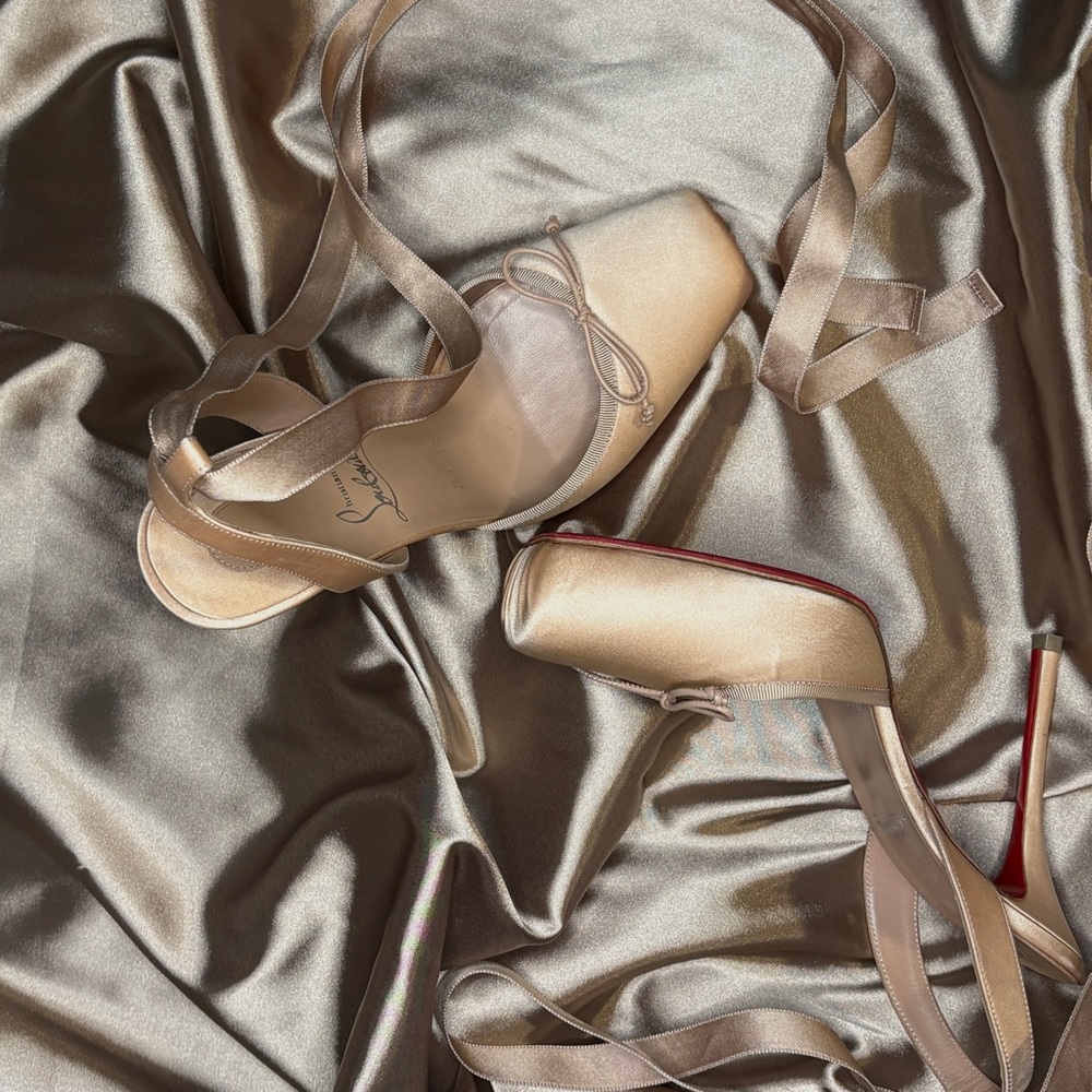 Christian Louboutin Satin Ankle-Tie Ballet Flats in Champagne - Picture 2 of 6